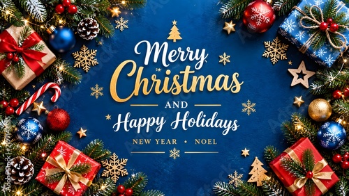 Festive christmas arrangement with gifts ornaments and evergreen branches on a blue background