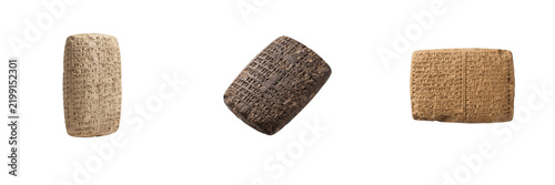 Ancient cuneiform clay tablets and inscribed Mesopotamian writing blocks isolated on transparent background set for historical design and archaeology projects