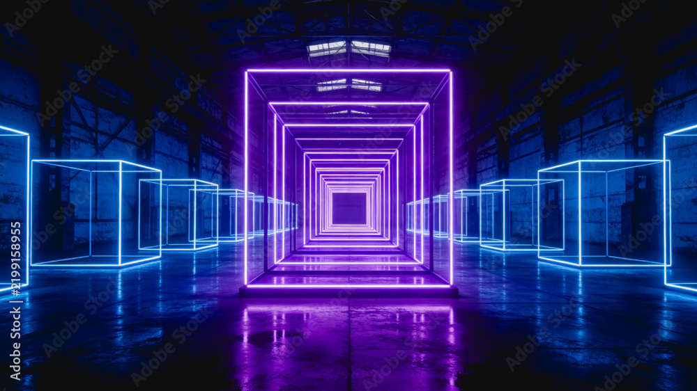 Obraz premium A futuristic industrial interior with nested purple neon cube tunnels flanked by blue neon cubes on a reflective dark floor.