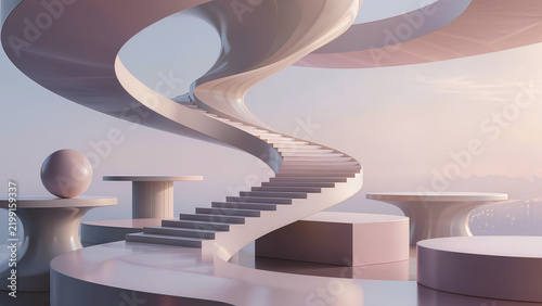 Surreal abstract background featuring an impossible architectural staircase twisting through floating geometric platforms, playful oversized shapes,