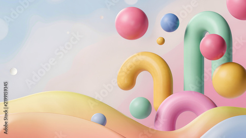 Surreal playful abstract background, giant smooth geometric shapes floating weightlessly in a dreamy pastel landscape,