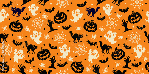 Seamless Halloween pattern with cute spooky icons including pumpkins, ghosts, bats, black cats, witches, spiders and cobwebs on an orange background for fabric, wrapping paper and seasonal designs