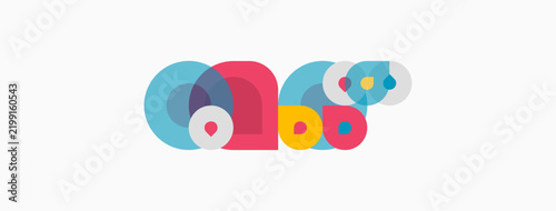 Abstract colorful shapes form playful design. Circles, overlapping elements create modern visual. Simple, bright, geometric composition.