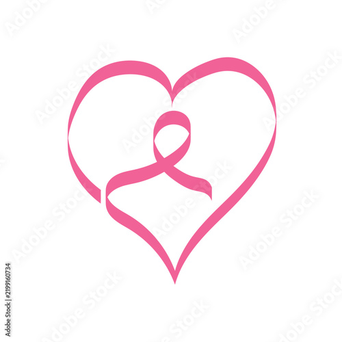 A pink cancer awareness ribbon is centered inside a large pink heart outline isolated on a white background. Breast cancer awareness in October.