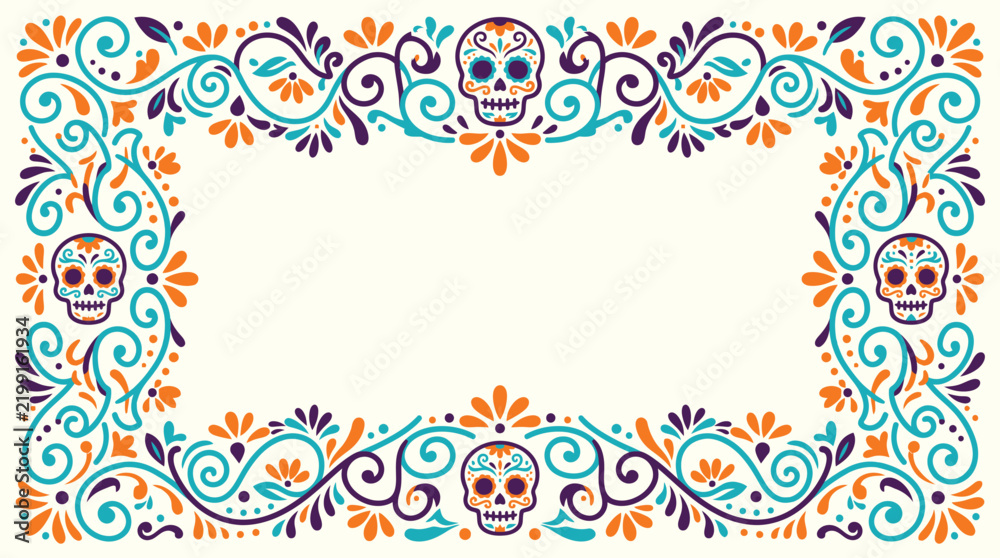 Fototapeta premium A festive dia de muertos background vector featuring colorful sugar skulls and intricate floral patterns for mexican holiday celebration design projects