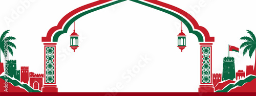 Oman National Day frame vector, Arabic arch with lanterns and fort silhouette, red and green festive border design