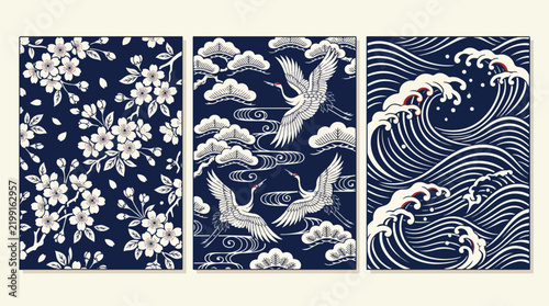 Japanese vector art collection featuring traditional crane birds cherry blossoms and ocean wave graphic patterns