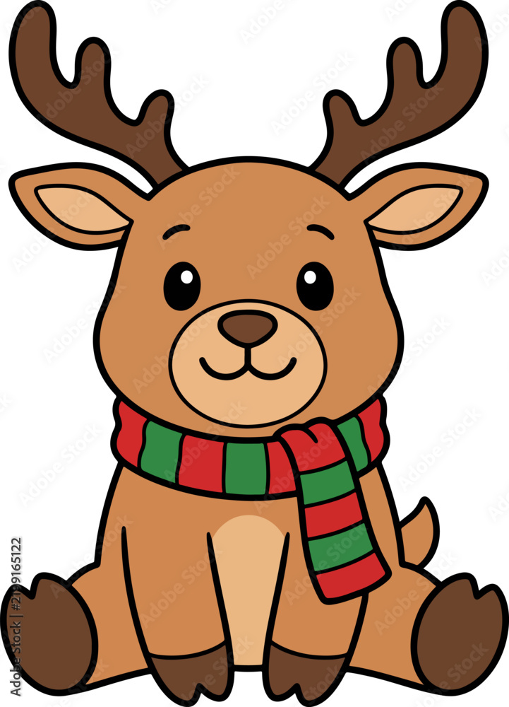 Fototapeta premium Cute Cartoon Reindeer Wearing Red and Green Striped Scarf Isolated on White Background for Christmas