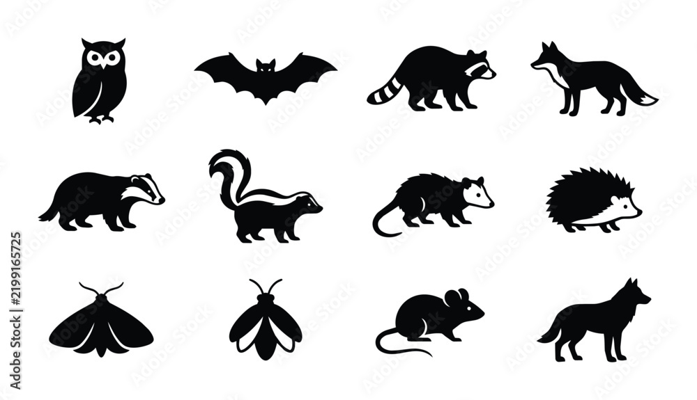 Fototapeta premium Set of 12 Woodland Animal Silhouettes, Vector Icons for Nature and Wildlife Designs
