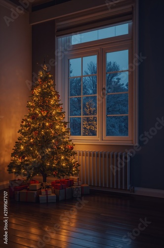 Christmas Tree Decorated With Lights and Gifts in a Cozy Room During Evening