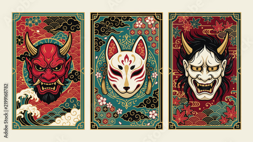 Japanese masks collection featuring traditional hannya kitsune and demon characters in decorative flat vector art style