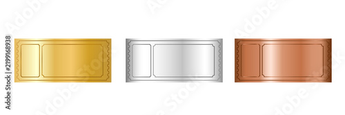 A set of blank tickets in gold, silver, and bronze colors on a white background