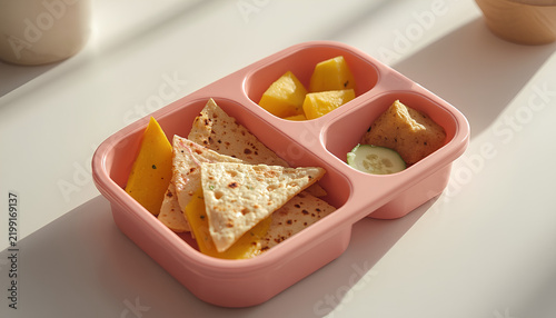 Healthy Indian School Lunchbox with Homemade Food and Fresh Fruit.