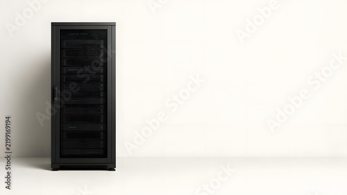 Modern Black Server Rack Cabinet Isolated on White Background for Data Center Concept