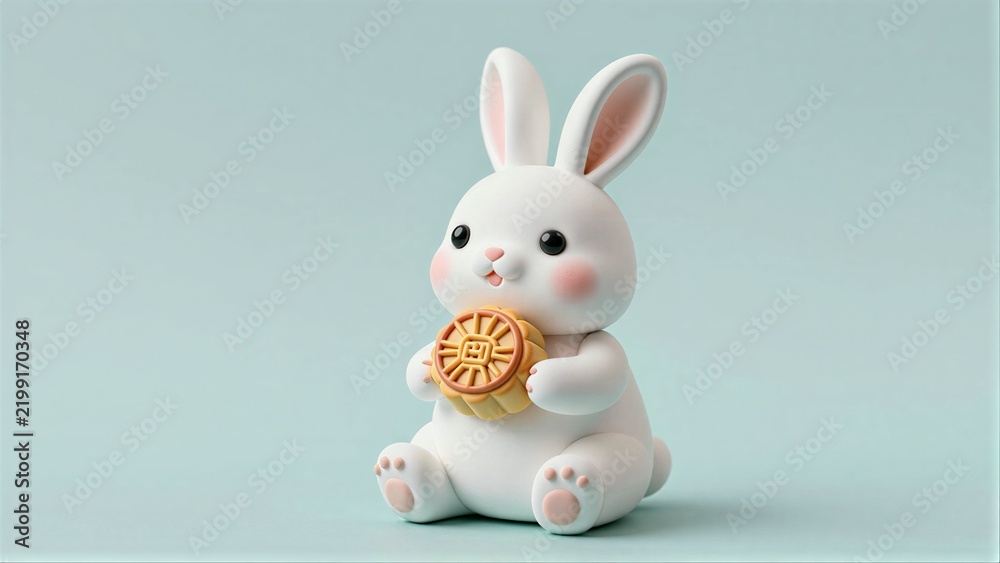 Fototapeta premium Cute white rabbit holds a mooncake, sitting peacefully on soft blue background.