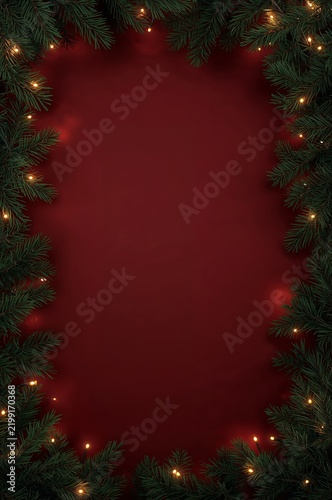 Festive Decorations With Pine Branches and Lights on Red Background