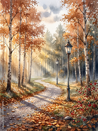 Autumn forest path with street lamps and sun rays in watercolor style  