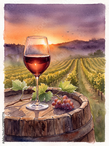 Watercolor poster of a glass of red wine in a vineyard at sunset  