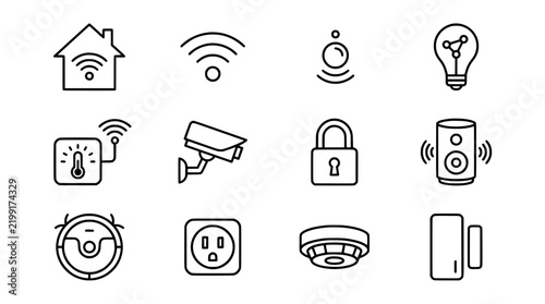 Smart Home IoT Icon Set, Monoline Vector Black and White