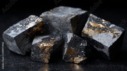 Stunning collection of dark metallic rocks with shimmering gold accents on a black surface showcasing natural beauty and mineral richness