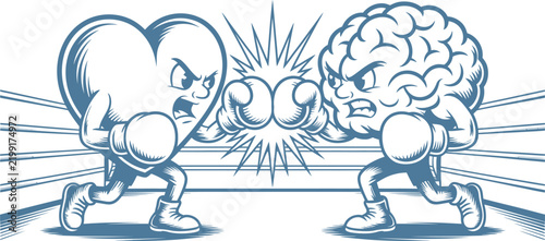 Obraz na plátně Heart and Brain boxing in ring during conflict with opposing emotions and logic concepts