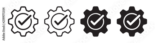 Black and white vector gear with check mark icons illustrating processes and quality control.
