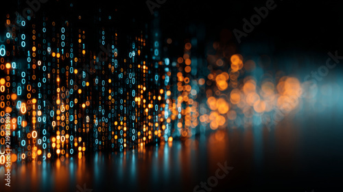 Digital data streams illuminated by orange and blue lights creating a vibrant and dynamic abstract background