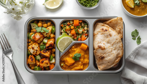 Healthy High-Protein Indian Meal Prep Lunchbox with Paneer and Chickpeas.