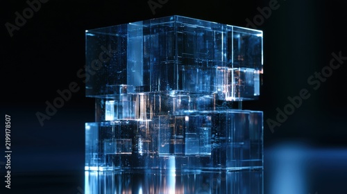 Futuristic glass cube data system with glowing digital streams and transparent technology blocks, idea for AI computing
