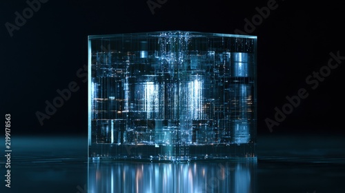 Futuristic glass cube data system with glowing digital streams and transparent technology blocks, idea for AI computing
