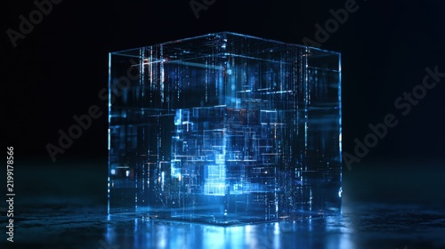 Futuristic glass cube data system with glowing digital streams and transparent technology blocks, idea for AI computing
