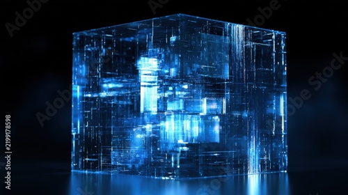 Futuristic glass cube data system with glowing digital streams and transparent technology blocks, idea for AI computing
