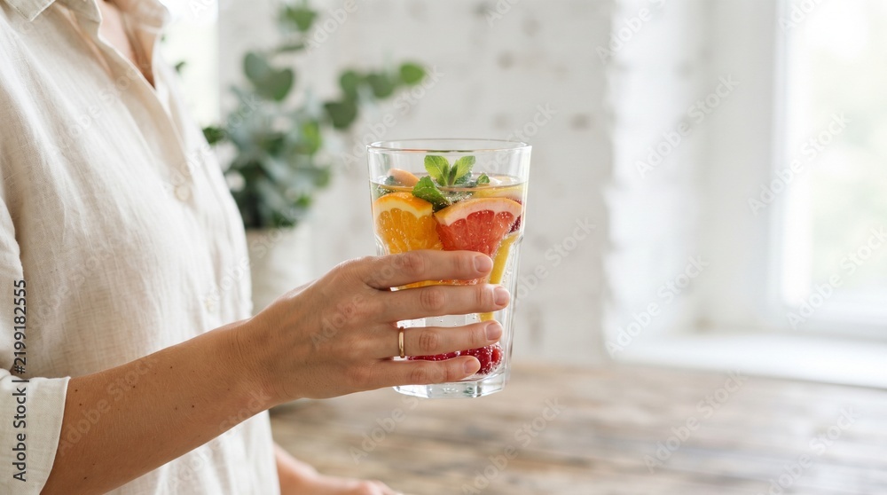 Fototapeta premium Woman holding a refreshing glass of infused water with citrus fruits and mint