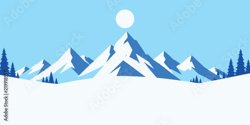 Stylized mountain landscape vector illustration featuring snowy peaks with bright sun in a clear blue sky
