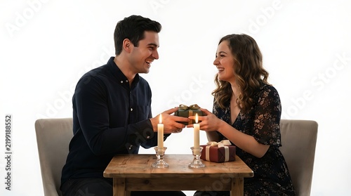 Happy couple exchanging gifts at a candlelit table