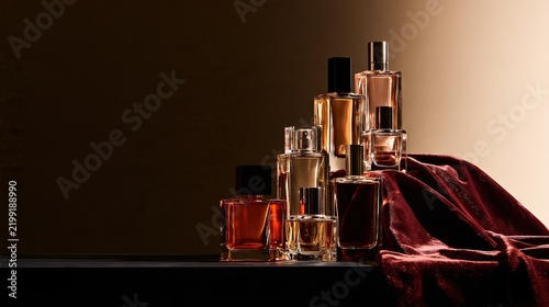 Luxury Fragrance Bottles with Red Fabric and Shadows
