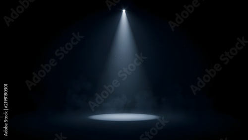 Abstract bright white spotlight beam misty fog effect stage light projector illumination empty dark black room background showcase banner design generative ai