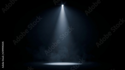 Abstract bright white spotlight beam misty fog effect stage light projector illumination empty dark black room background showcase banner design generative ai