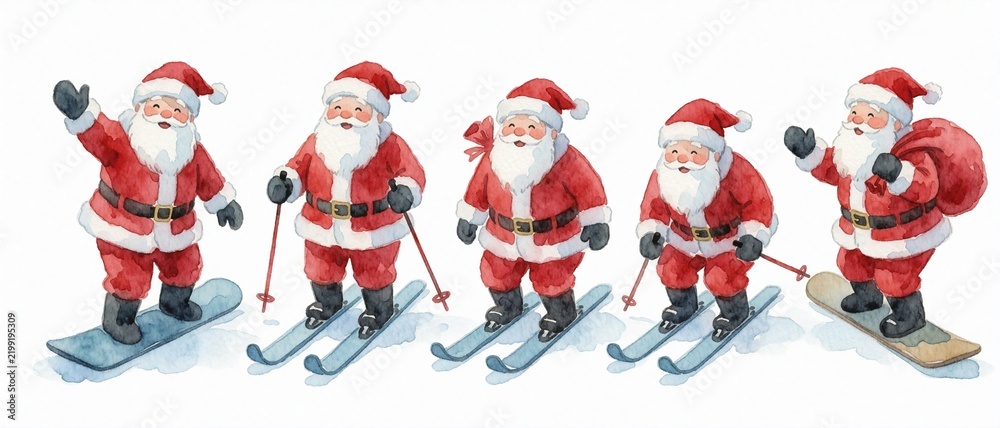 Obraz premium Watercolor Santa Claus Skiing and Snowboarding Set