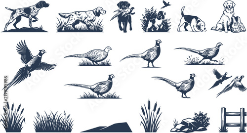 Картината върху платно Vintage hunting dog and pheasant vector illustration collection featuring bird d