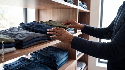 Clothes folding shelves hands wardrobe closet stacking jeans organizing tidy ideal for wardrobe organizing advertising fashion retail promotions closet brand websites and lifestyle campaigns