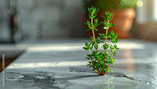 A fresh green thyme sprout standing upright on a textured stone kitchen countertop with soft morning sunlight creating beautiful bokeh background with blurred plants
