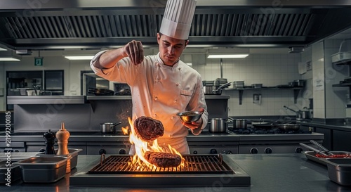 Professional chef expertly seasons sizzling steaks on a flaming grill in a busy restaurant kitchen