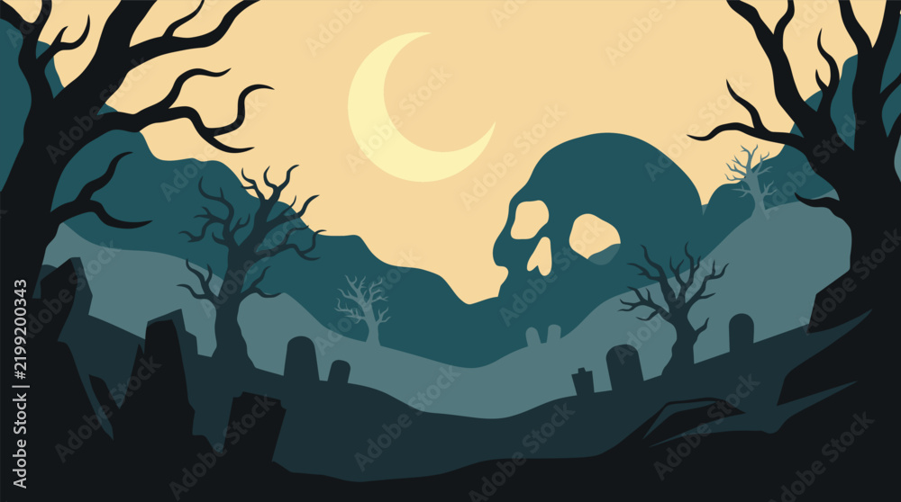 Fototapeta premium A spooky halloween vector background featuring a dark graveyard with bare trees a crescent moon and a large ominous skull