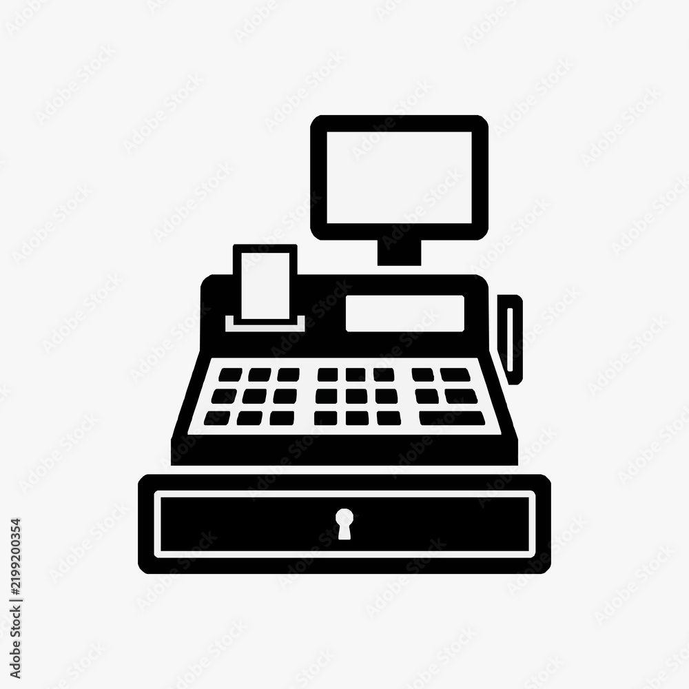 Fototapeta premium Industrial Black and White Line Drawing of Cash Register with Built in Monitor and Cash Drawer with high quality professional line art symbols for modern creative design and digital branding projects