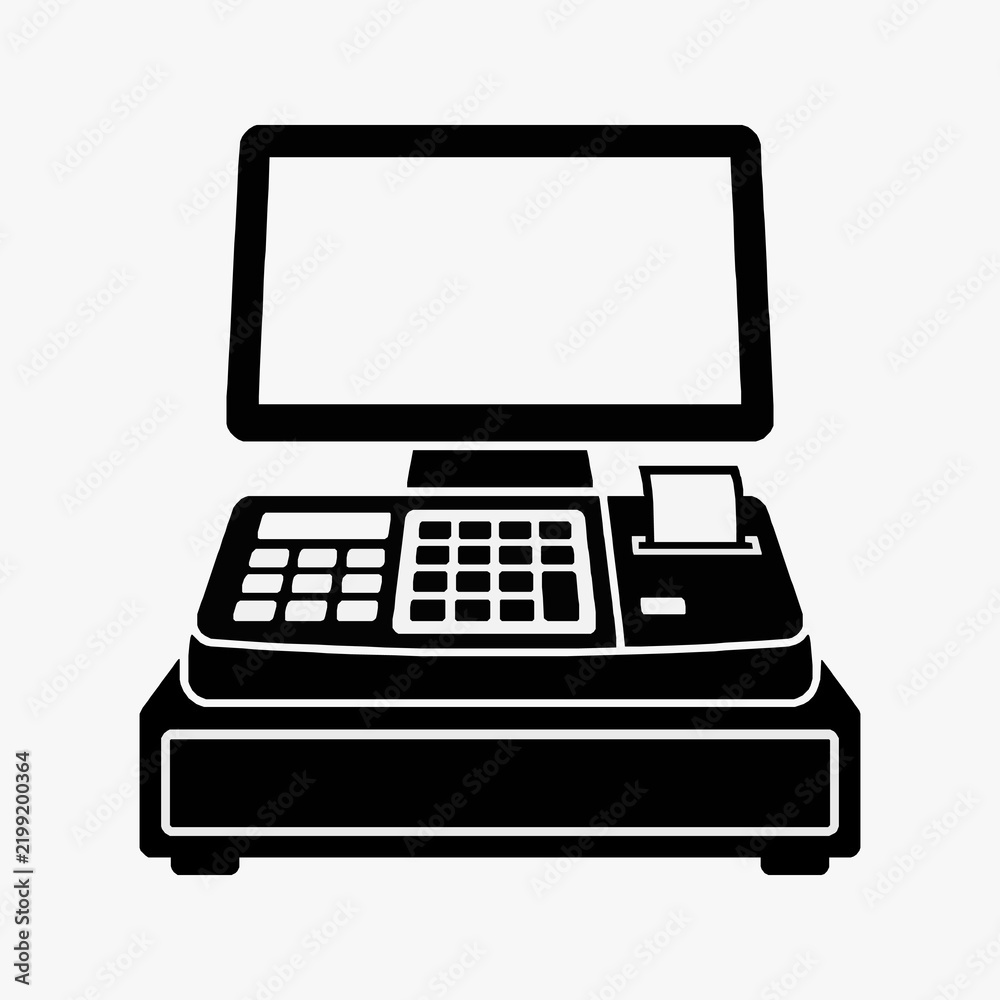 Fototapeta premium Industrial Black and White Line Drawing of an Old School Cash Register with Built in Monitor and Keypad