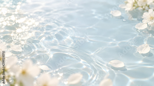 Soft Blue Water Background with White Flower Petals and Sunlight