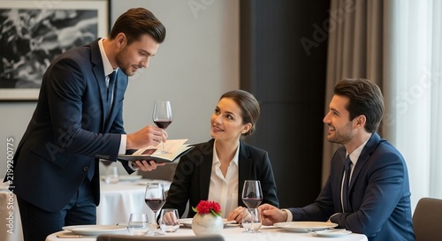 Professional sommelier presents wine menu to a smiling couple during an elegant restaurant dining experience