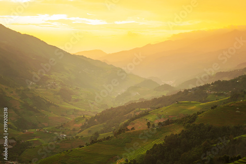 Beautiful sunset in the mountains. The Mu Cang Chai rice terraces  in Vietnam.