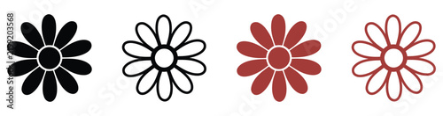 Set of four flower icons in black and red colors, solid and outline styles, flat vector design elements